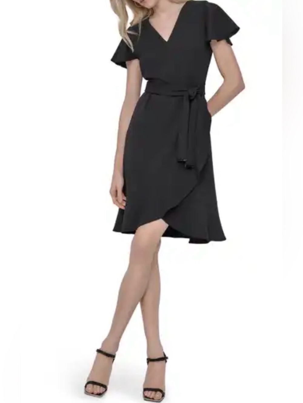 DKNY Black V-Neck Wrap Midi Dress with Tie Waist